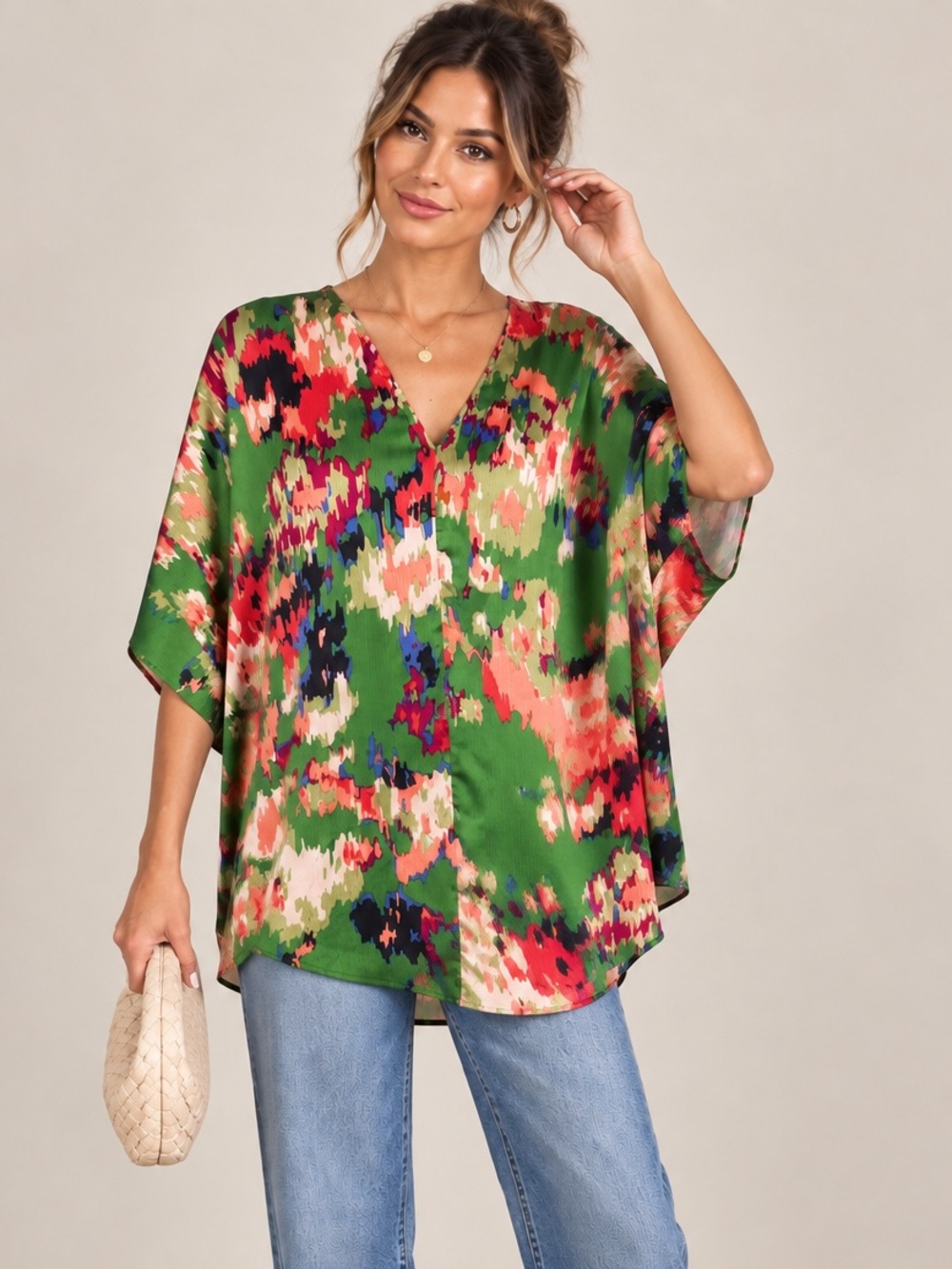 JODIFL Green Abstract V-Neck Oversized Blouse